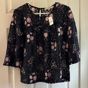 LOFT Black and Pink Floral Lace Blouse